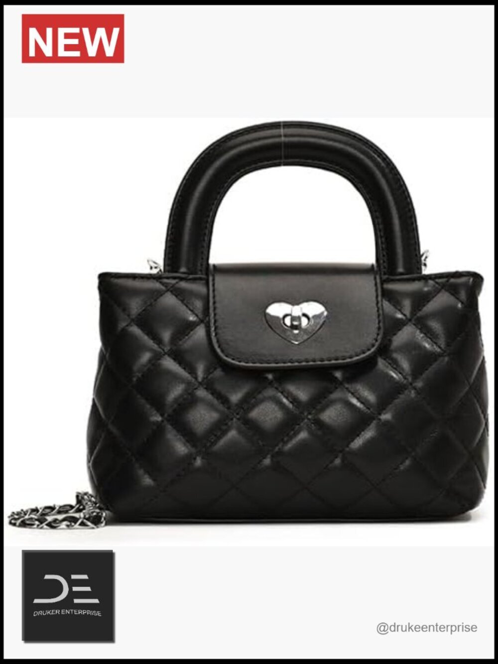 Quilted Chain Strap Bag, Leather Crossbody Shoulder Bag with Top Handle, Medium